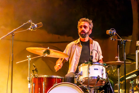FARO, PORTUGAL: 7th SEPTEMBER, 2023 - Music band, S.Pedro, performs at Festival F, a big festival in the city of Faro, Portugal.のeditorial素材