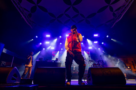 FARO, PORTUGAL: 7th SEPTEMBER, 2023 - Music band, Supa Squad, performs at Festival F, a big festival in the city of Faro, Portugal.のeditorial素材