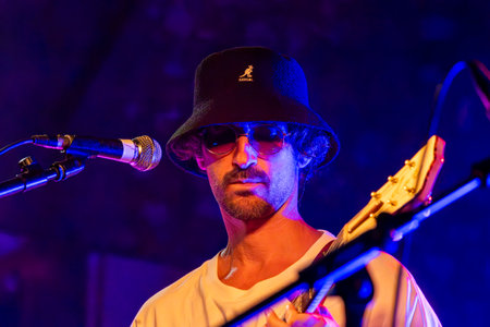 FARO, PORTUGAL: 7th SEPTEMBER, 2023 - Music band, Pimenta Caseira, performs at Festival F, a big festival in the city of Faro, Portugal.のeditorial素材
