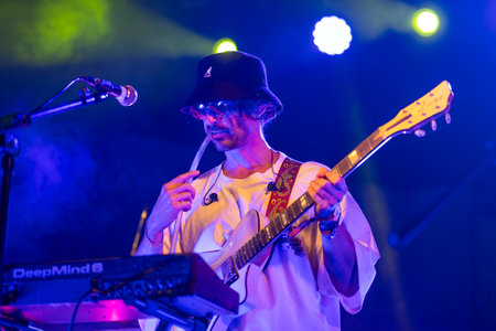 FARO, PORTUGAL: 7th SEPTEMBER, 2023 - Music band, Pimenta Caseira, performs at Festival F, a big festival in the city of Faro, Portugal.のeditorial素材