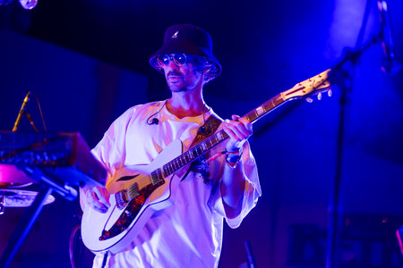 FARO, PORTUGAL: 7th SEPTEMBER, 2023 - Music band, Pimenta Caseira, performs at Festival F, a big festival in the city of Faro, Portugal.のeditorial素材