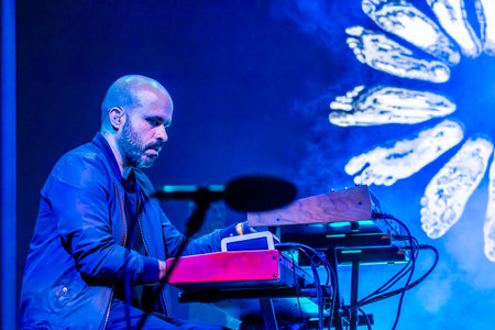 FARO, PORTUGAL: 7th SEPTEMBER, 2023 - Music band, S.Pedro, performs at Festival F, a big festival in the city of Faro, Portugal.のeditorial素材