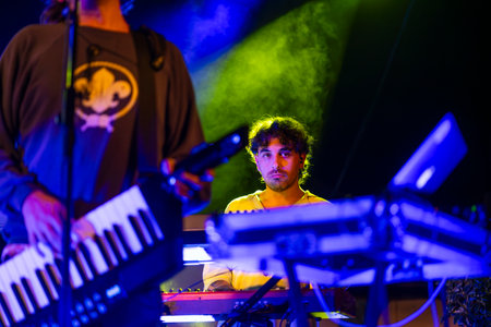 FARO, PORTUGAL: 7th SEPTEMBER, 2023 - Music band, Pimenta Caseira, performs at Festival F, a big festival in the city of Faro, Portugal.のeditorial素材
