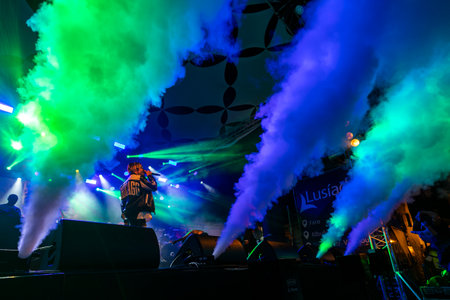 FARO, PORTUGAL: 7th SEPTEMBER, 2023 - Music band, Supa Squad, performs at Festival F, a big festival in the city of Faro, Portugal.のeditorial素材