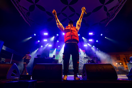 FARO, PORTUGAL: 7th SEPTEMBER, 2023 - Music band, Supa Squad, performs at Festival F, a big festival in the city of Faro, Portugal.のeditorial素材