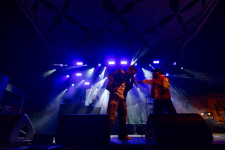 FARO, PORTUGAL: 7th SEPTEMBER, 2023 - Music band, Supa Squad, performs at Festival F, a big festival in the city of Faro, Portugal.のeditorial素材