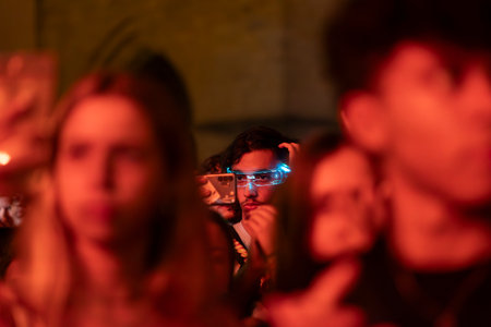 FARO, PORTUGAL: 7th SEPTEMBER, 2023 - Audience watch music artist on Festival F, a big festival in the city of Faro, Portugal.のeditorial素材