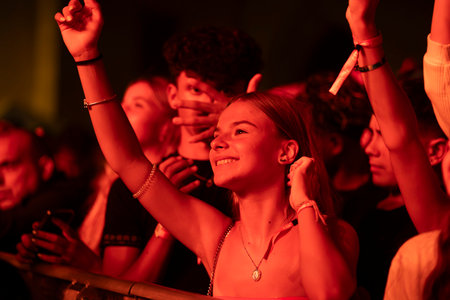FARO, PORTUGAL: 7th SEPTEMBER, 2023 - Audience watch music artist on Festival F, a big festival in...