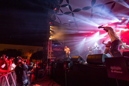 FARO, PORTUGAL: 7th SEPTEMBER, 2023 - Music band, Supa Squad, performs at Festival F, a big festival in the city of Faro, Portugal.のeditorial素材