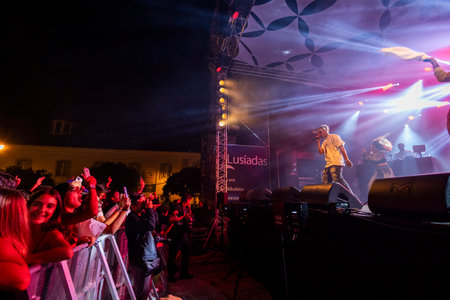 FARO, PORTUGAL: 7th SEPTEMBER, 2023 - Music band, Supa Squad, performs at Festival F, a big festival in the city of Faro, Portugal.のeditorial素材