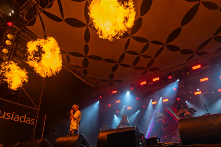FARO, PORTUGAL: 7th SEPTEMBER, 2023 - Music band, Supa Squad, performs at Festival F, a big festival in the city of Faro, Portugal.のeditorial素材