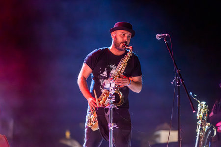 FARO, PORTUGAL: 7th SEPTEMBER, 2023 - Music band, Club Makumba, performs at Festival F, a big festival in the city of Faro, Portugal.のeditorial素材