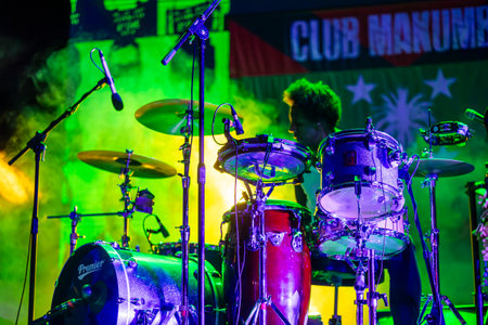 FARO, PORTUGAL: 7th SEPTEMBER, 2023 - Music band, Club Makumba, performs at Festival F, a big festival in the city of Faro, Portugal.のeditorial素材