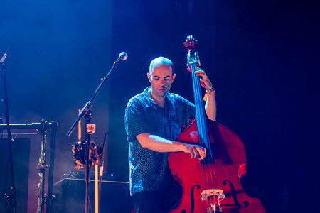 FARO, PORTUGAL: 7th SEPTEMBER, 2023 - Music band, Club Makumba, performs at Festival F, a big festival in the city of Faro, Portugal.のeditorial素材