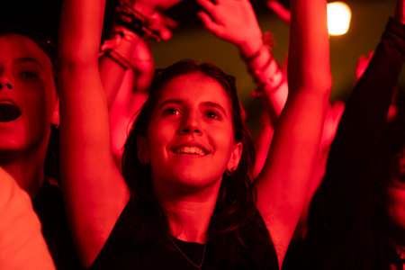 FARO, PORTUGAL: 7th SEPTEMBER, 2023 - Audience watch music artist on Festival F, a big festival in the city of Faro, Portugal.のeditorial素材