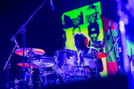 FARO, PORTUGAL: 7th SEPTEMBER, 2023 - Music band, Club Makumba, performs at Festival F, a big festival in the city of Faro, Portugal.のeditorial素材