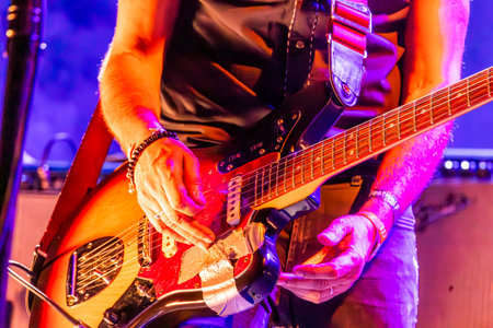 FARO, PORTUGAL: 7th SEPTEMBER, 2023 - Music band, Club Makumba, performs at Festival F, a big festival in the city of Faro, Portugal.のeditorial素材
