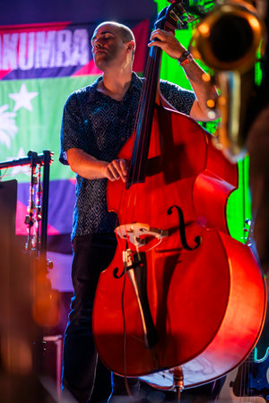 FARO, PORTUGAL: 7th SEPTEMBER, 2023 - Music band, Club Makumba, performs at Festival F, a big festival in the city of Faro, Portugal.のeditorial素材