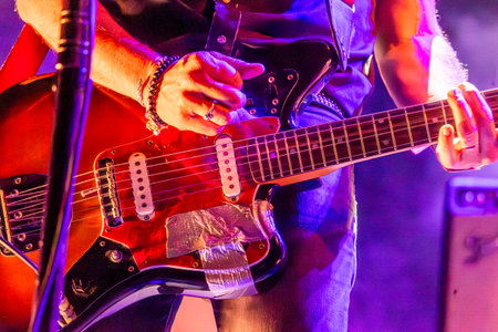 FARO, PORTUGAL: 7th SEPTEMBER, 2023 - Music band, Club Makumba, performs at Festival F, a big festival in the city of Faro, Portugal.のeditorial素材