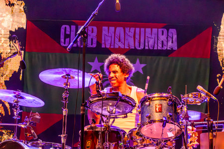 FARO, PORTUGAL: 7th SEPTEMBER, 2023 - Music band, Club Makumba, performs at Festival F, a big festival in the city of Faro, Portugal.のeditorial素材