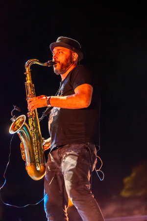 FARO, PORTUGAL: 7th SEPTEMBER, 2023 - Music band, Club Makumba, performs at Festival F, a big festival in the city of Faro, Portugal.のeditorial素材