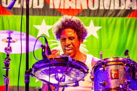 FARO, PORTUGAL: 7th SEPTEMBER, 2023 - Music band, Club Makumba, performs at Festival F, a big festival in the city of Faro, Portugal.のeditorial素材
