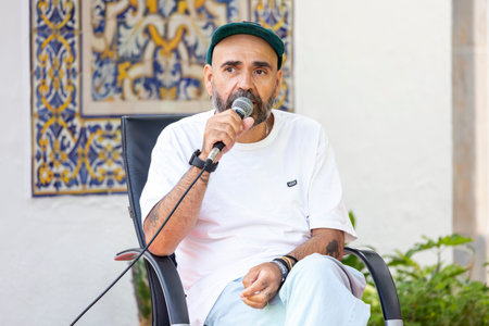 FARO, PORTUGAL: 8th SEPTEMBER, 2023 - Celebrities, Da Chick, To Trips and Rui Miguel Abreu, talk about music at Festival F, a big festival in Faro, Portugal.のeditorial素材