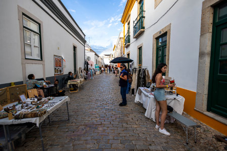 FARO, PORTUGAL: 7th SEPTEMBER, 2023 - Sellers sell clothing and accessories in music Festival F, a big festival in the city of Faro, Portugal.のeditorial素材