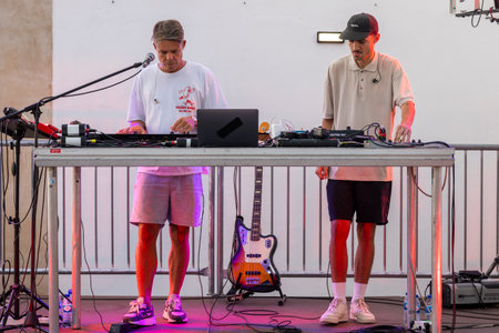 FARO, PORTUGAL: 8th SEPTEMBER, 2023 - Music band, Peacocks, performs at Festival F, a big festival in the city of Faro, Portugal.のeditorial素材