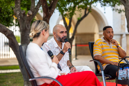 FARO, PORTUGAL: 7th SEPTEMBER, 2023 - Celebrities, Mimicat, Perigo Publico and Rui Miguel Abreu, talk about music in Festival F, a big festival in Faro, Portugal.のeditorial素材