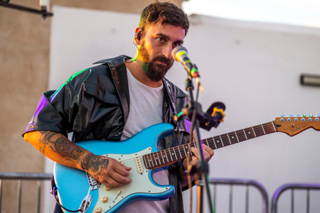 FARO, PORTUGAL: 7th SEPTEMBER, 2023 - Music band, Beatriz Caixinha, performs at Festival F, a big festival in the city of Faro, Portugal.のeditorial素材