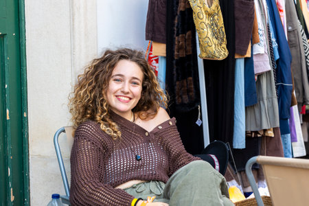 FARO, PORTUGAL: 7th SEPTEMBER, 2023 - Sellers sell clothing and accessories in music Festival F, a big festival in the city of Faro, Portugal.のeditorial素材