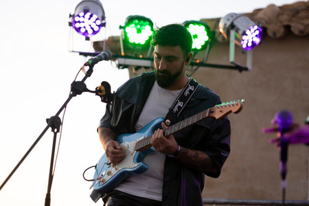 FARO, PORTUGAL: 7th SEPTEMBER, 2023 - Music band, Beatriz Caixinha, performs at Festival F, a big festival in the city of Faro, Portugal.のeditorial素材