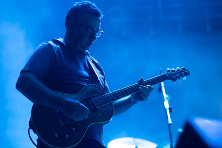 FARO, PORTUGAL: 8th SEPTEMBER, 2023 - Music band, Nanook o vagabundo, performs at Festival F, a big festival in the city of Faro, Portugal.のeditorial素材