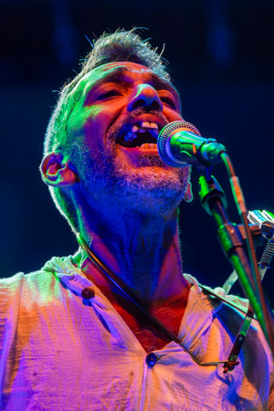 FARO, PORTUGAL: 8th SEPTEMBER, 2023 - Music band, Nanook o vagabundo, performs at Festival F, a big festival in the city of Faro, Portugal.のeditorial素材