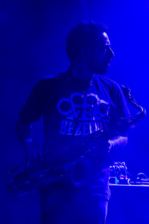 FARO, PORTUGAL: 8th SEPTEMBER, 2023 - Music band, Bezegol, performs at Festival F, a big festival in the city of Faro, Portugal.のeditorial素材