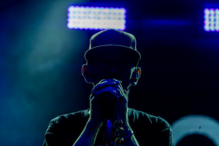 FARO, PORTUGAL: 8th SEPTEMBER, 2023 - Music band, Bezegol, performs at Festival F, a big festival in the city of Faro, Portugal.のeditorial素材