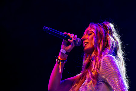 FARO, PORTUGAL: 8th SEPTEMBER, 2023 - Music band, Bianca Barros, performs at Festival F, a big festival in the city of Faro, Portugal.のeditorial素材