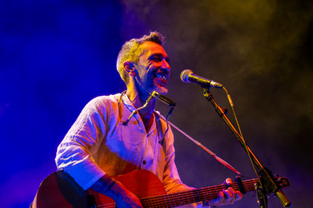 FARO, PORTUGAL: 8th SEPTEMBER, 2023 - Music band, Nanook o vagabundo, performs at Festival F, a big festival in the city of Faro, Portugal.のeditorial素材