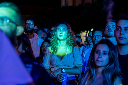 FARO, PORTUGAL: 8th SEPTEMBER, 2023 - Audience watch music artist on Festival F, a big festival in the city of Faro, Portugal.のeditorial素材