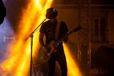 FARO, PORTUGAL: 8th SEPTEMBER, 2023 - Music band, Bezegol, performs at Festival F, a big festival in the city of Faro, Portugal.のeditorial素材