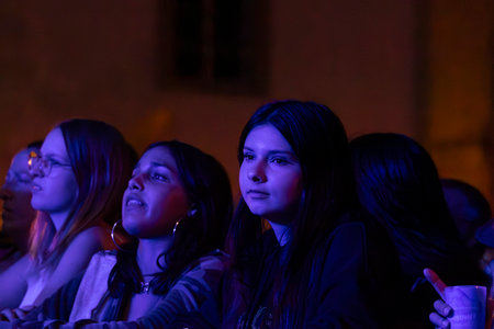 FARO, PORTUGAL: 8th SEPTEMBER, 2023 - Audience watch music artist on Festival F, a big festival in the city of Faro, Portugal.のeditorial素材