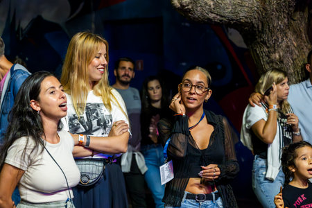 FARO, PORTUGAL: 8th SEPTEMBER, 2023 - Audience watch music artist on Festival F, a big festival in the city of Faro, Portugal.のeditorial素材