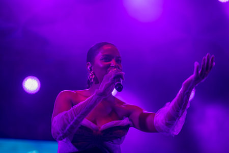 FARO, PORTUGAL: 9th SEPTEMBER, 2023 - Music band, Soraia Tavares, performs at Festival F, a big festival in the city of Faro, Portugal.のeditorial素材