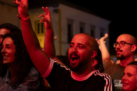 FARO, PORTUGAL: 8th SEPTEMBER, 2023 - Audience watch music artist on Festival F, a big festival in the city of Faro, Portugal.のeditorial素材