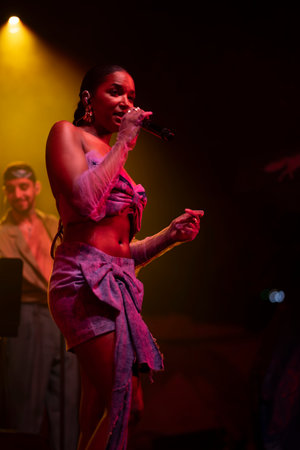 FARO, PORTUGAL: 9th SEPTEMBER, 2023 - Music band, Soraia Tavares, performs at Festival F, a big festival in the city of Faro, Portugal.のeditorial素材