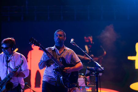 FARO, PORTUGAL: 9th SEPTEMBER, 2023 - Music band, Plasticine, performs at Festival F, a big festival in the city of Faro, Portugal.のeditorial素材