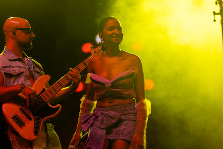 FARO, PORTUGAL: 9th SEPTEMBER, 2023 - Music band, Soraia Tavares, performs at Festival F, a big festival in the city of Faro, Portugal.のeditorial素材