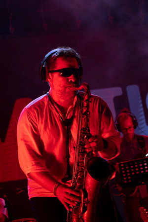 FARO, PORTUGAL: 9th SEPTEMBER, 2023 - Music band, Plasticine, performs at Festival F, a big festival in the city of Faro, Portugal.のeditorial素材