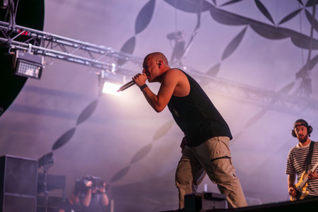 FARO, PORTUGAL: 8th SEPTEMBER, 2023 - Music band, Hybrid Theory, performs at Festival F, a big...
